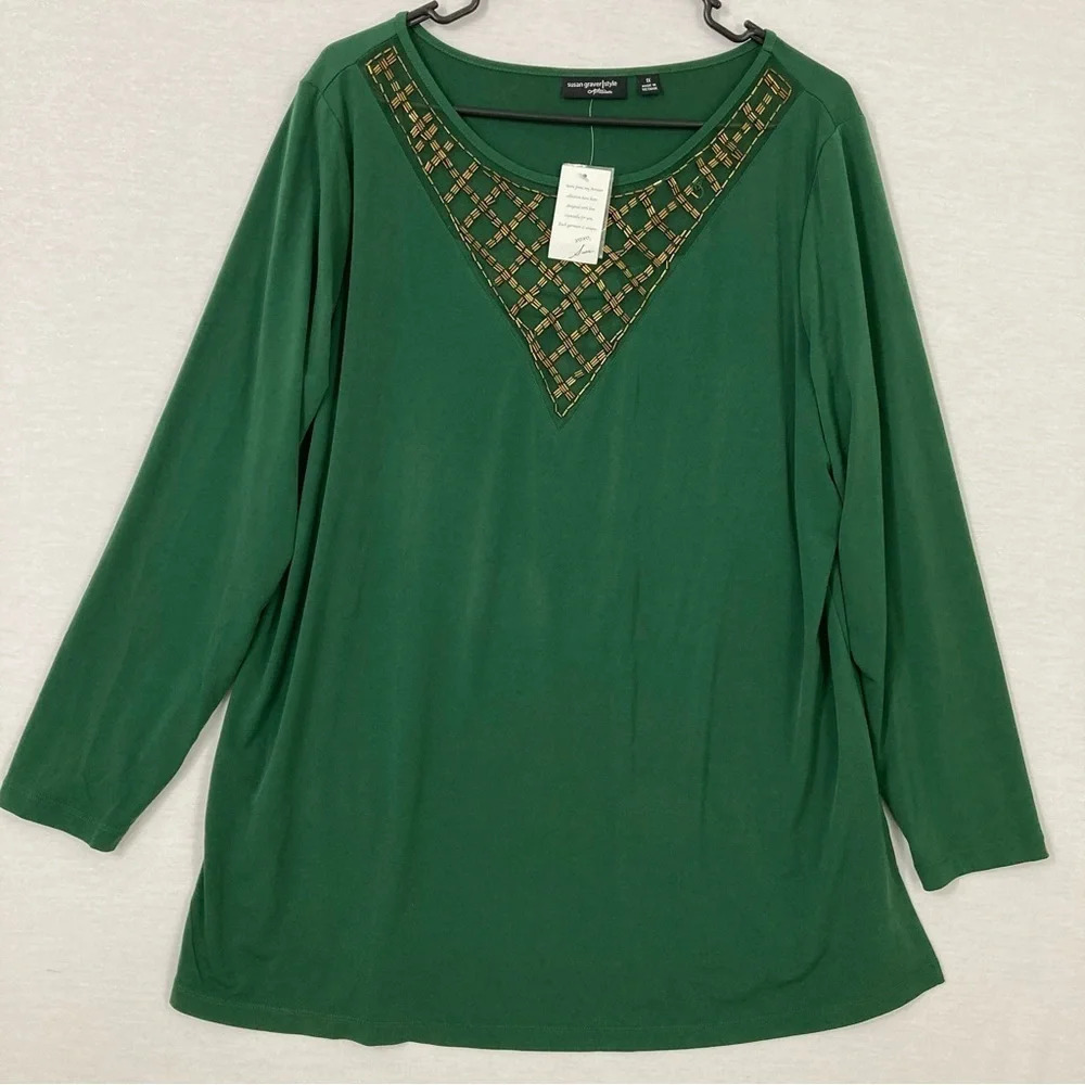 New Susan Graver Artisan Green Embellished Blouse Size 1X